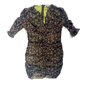 Purple Snow Dark Green Ruched Floral Mini Dress Ruffles, Sheer Party, M